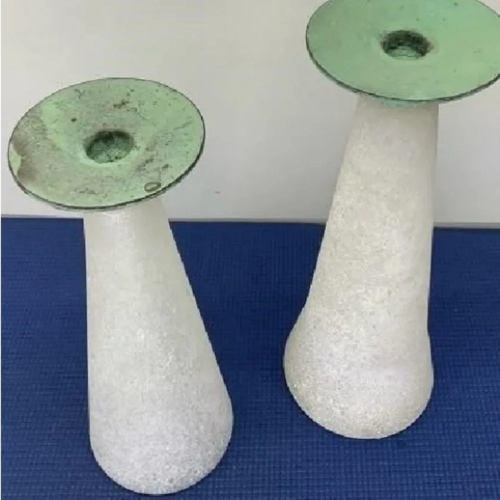 Toyo Scavo v Corroso Candlestick Holders Blown Glass & Verdi Gris Bronze Vintage